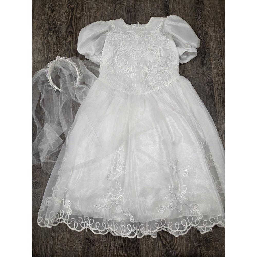 Vintage First Communion Girl's Dress by Anjorden USA White Beaded Short Sleeve